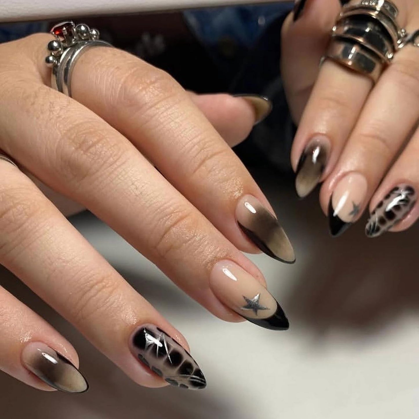 MISUD Press on Nails - Medium Almond Glue on Nails with Goth Black, Acrylic Silver Chrome Design 24 pcs