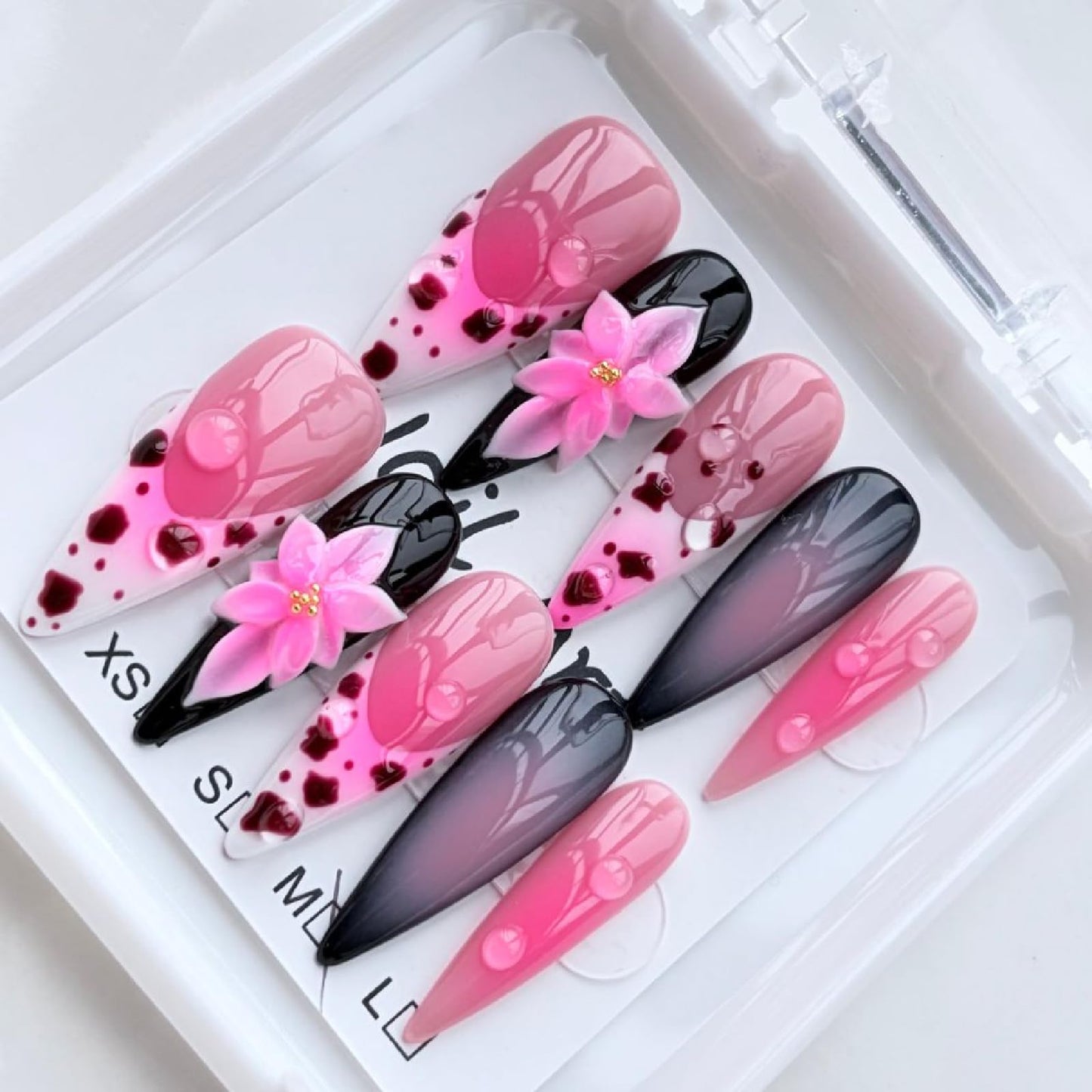 Threelegscat Handmade Press on Nails Long Almond Shape Fake Nails Stiletto Nail With Design for Women and Girls 10pcs Size M Pattern St1159