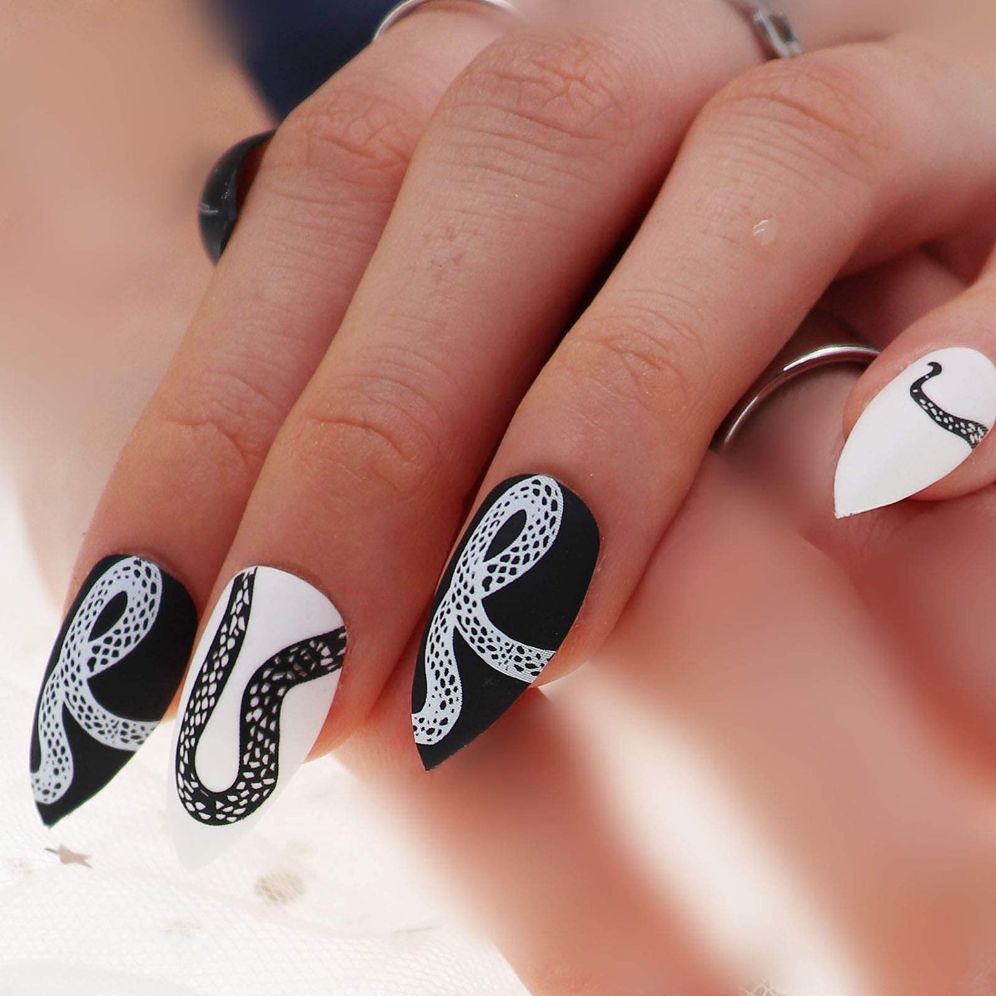 MISUD Press on Nails - Medium Stiletto Glue on Nails with Goth Snake, Acrylic Gothic Black White Design 24 pcs