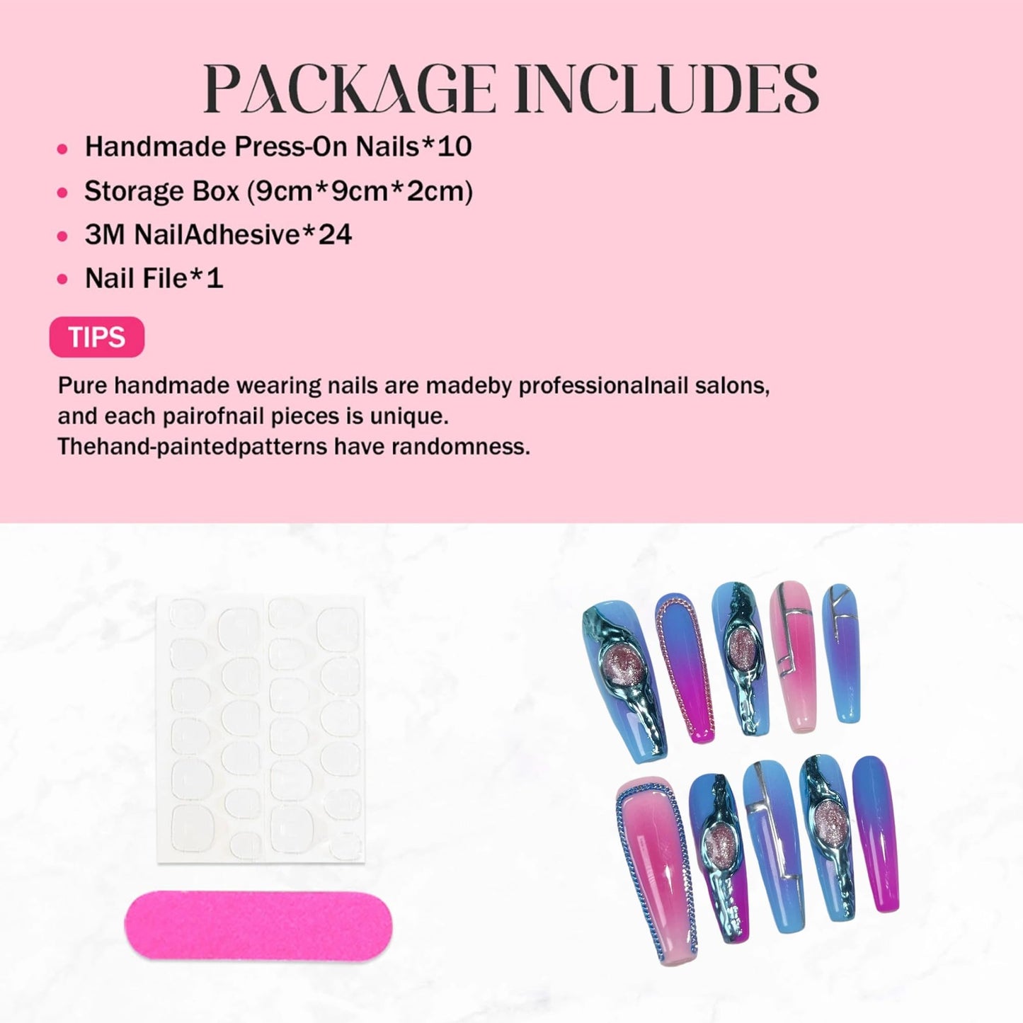 10Pcs Long Square Press on Nails Blue Ombre Handmade False Nails Luxury Reusable Fake Nails with 3D Cat's Eye and Charms Design Acrylic Nails Press Ons for Women DIY 10Pcs(Size M)