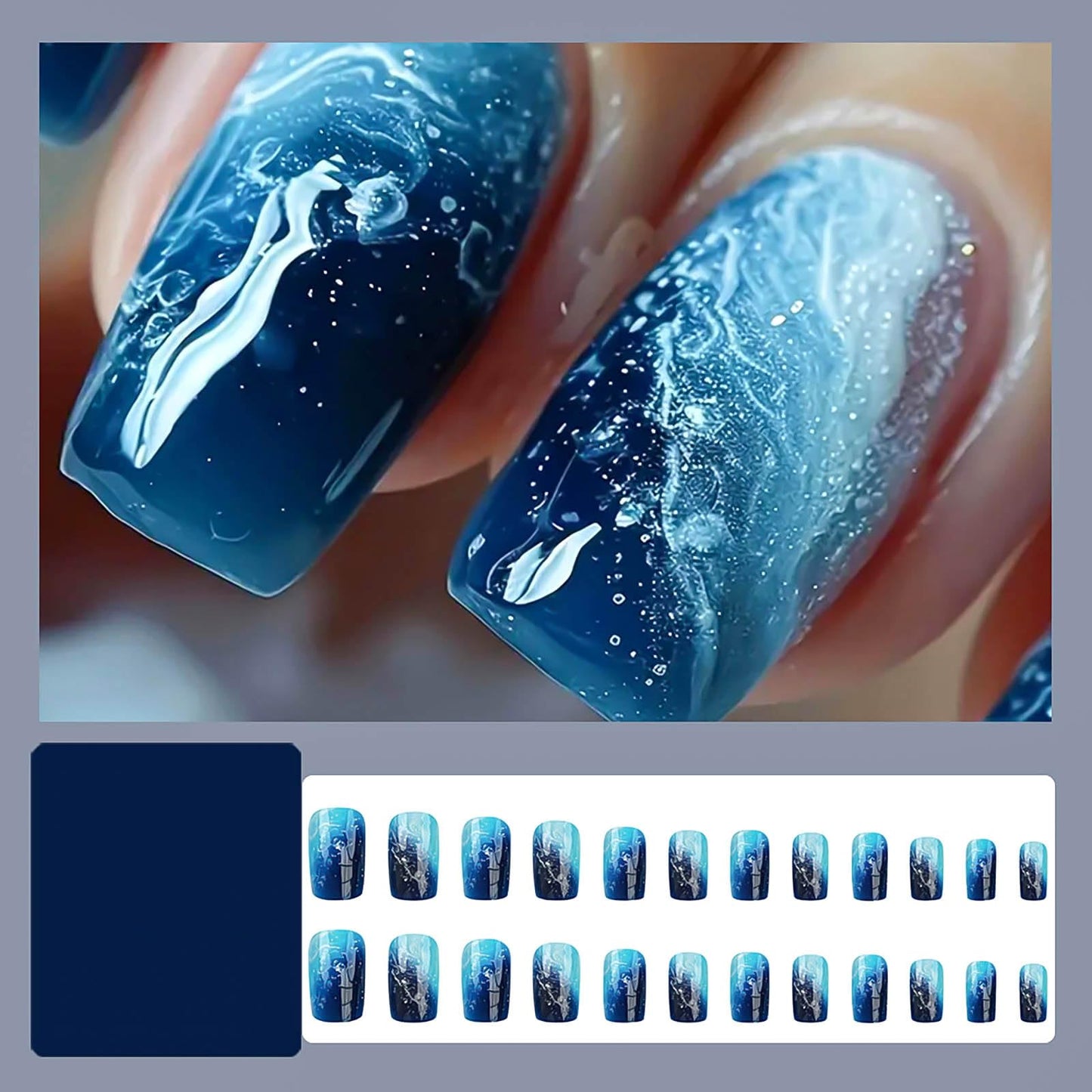 RUOKEXIN Square Press on Nails - Medium Blue Ombre False Nails with Glitter Designs, Thick Glossy Artificial Nails, 24Pcs
