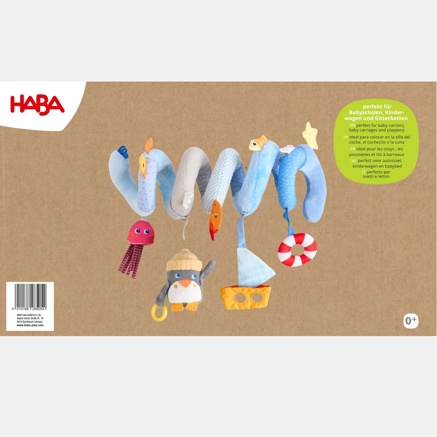 HABA Penguin Activity Spiral Car Seat Toy & Stroller Toy for Babies 0-18 Months, Soft Plush Baby Travel Gear with Crinkle, Rattle & Detachable Penguin