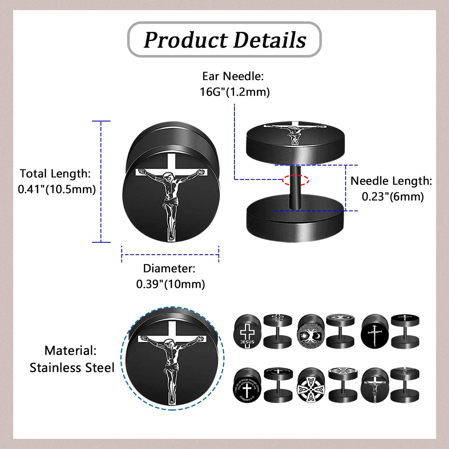 6 Pairs 8MM Mens Stainless Steel Wood Stud Earrings,Cupimatch Ear Piercing Plugs Tunnel Earrings for Fathers Day