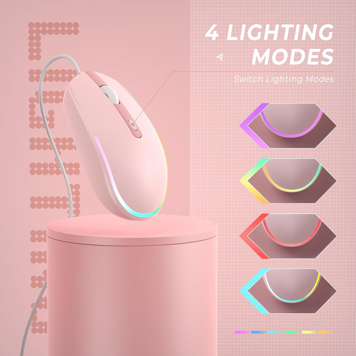 seenda Wired Mouse - USB Computer Mice Wired with RGB Backlit Optical LED Mouse with Attached USB Cord for Laptops Notebooks Chromebook - Pink