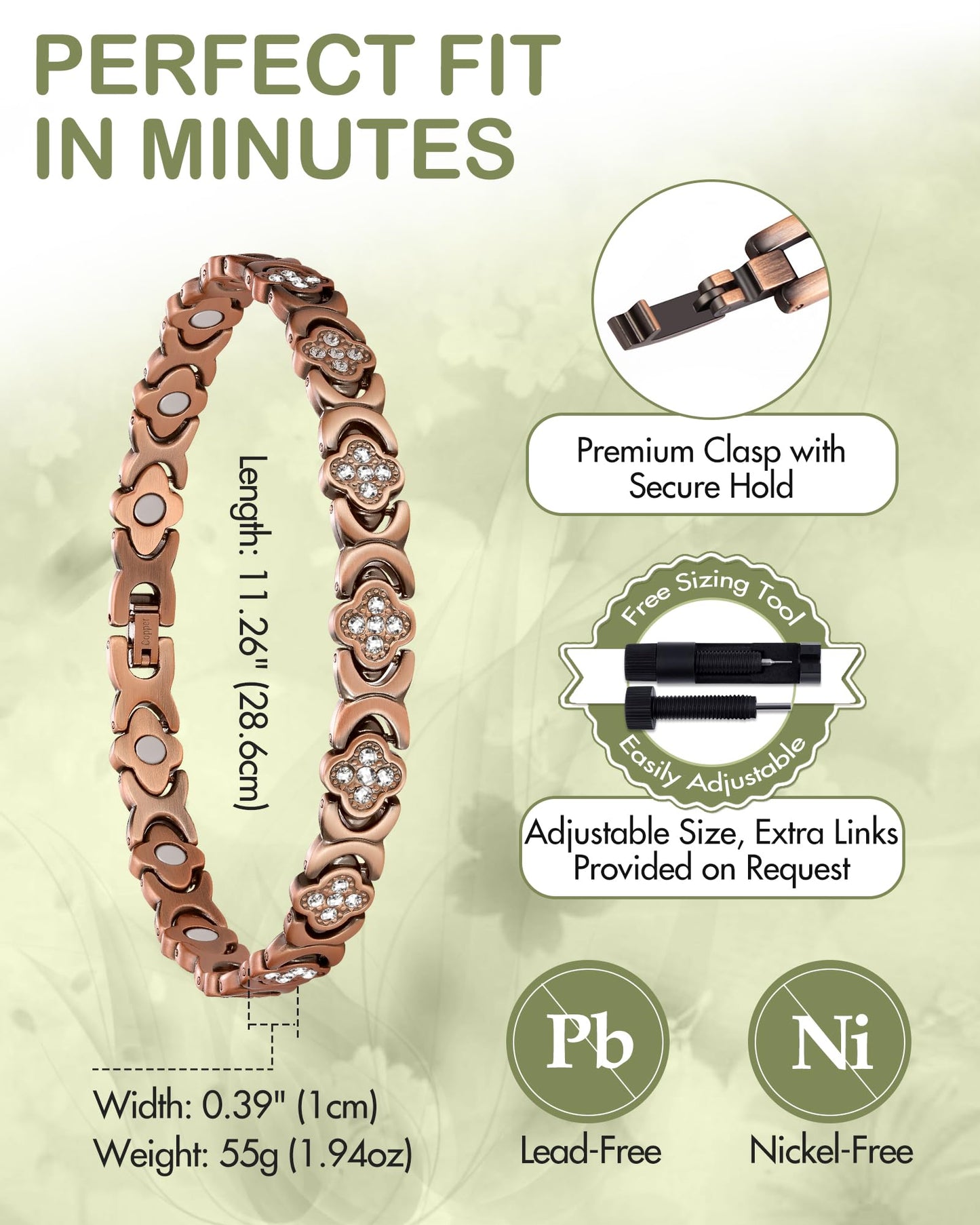 Feraco Copper Ankle Bracelet for Women, 99.99% Pure Copper Magnetic Anklet with 3800 Gauss Neodymium Magnet & Sparkling Zirconia, Adjustable with Sizing Tool
