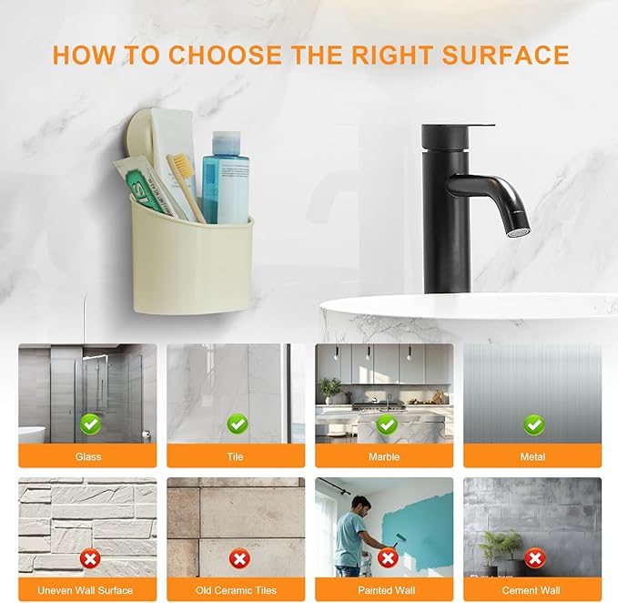 suntree Suction Cup Toothbrush Holder with Drainage Holes - No Drill Wall Mount Organizer for Razor, Toothpaste, Face Wash - Milky White