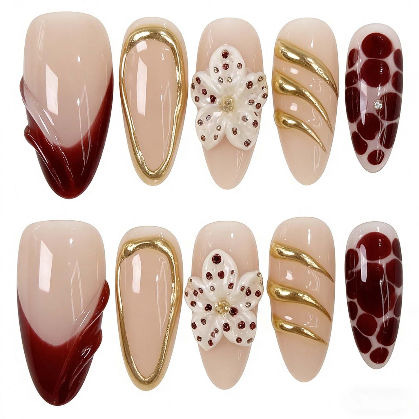 Handmade Press on Nails Almond Summer Nails Reusable 3D Flower Fake Nails French Tip Gold Accent Glue on Nails for Women 10 Count S Size