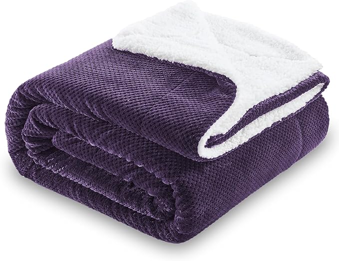 SOCHOW Waffle Sherpa Fleece Throw Blanket, Super Soft Fuzzy Warm, Lightweight Fluffy Reversible Plush Blanket for Bed Sofa Couch, 50 x 60 Inches Dark Purple