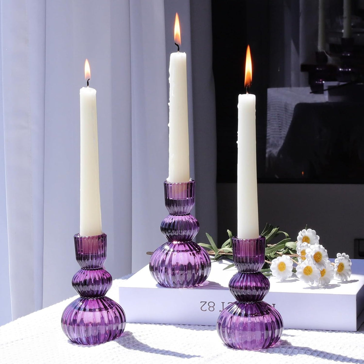 Woho Set of 6 Purple Taper Candle Holders 4.3" H for Halloween Decorations, Vintage Ribbed Glass Candlestick Holders for Wedding Table Centerpiece, Candle Sticks Holder Decor for Holiday Home Decor