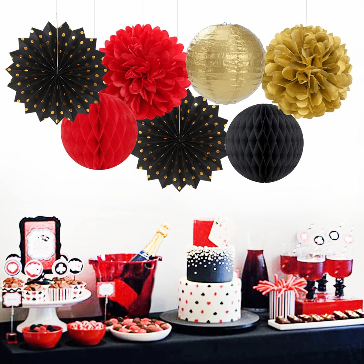 Red-Black Gold Party Decorations Streamers Lanterns - 14pcs Casino-Theme Graduation 2025 Paper Fan,Game Night Wedding Birthday Baby Bridal Shower Tissue Pom Poms,Honeycomb Balls Decor Ouruola