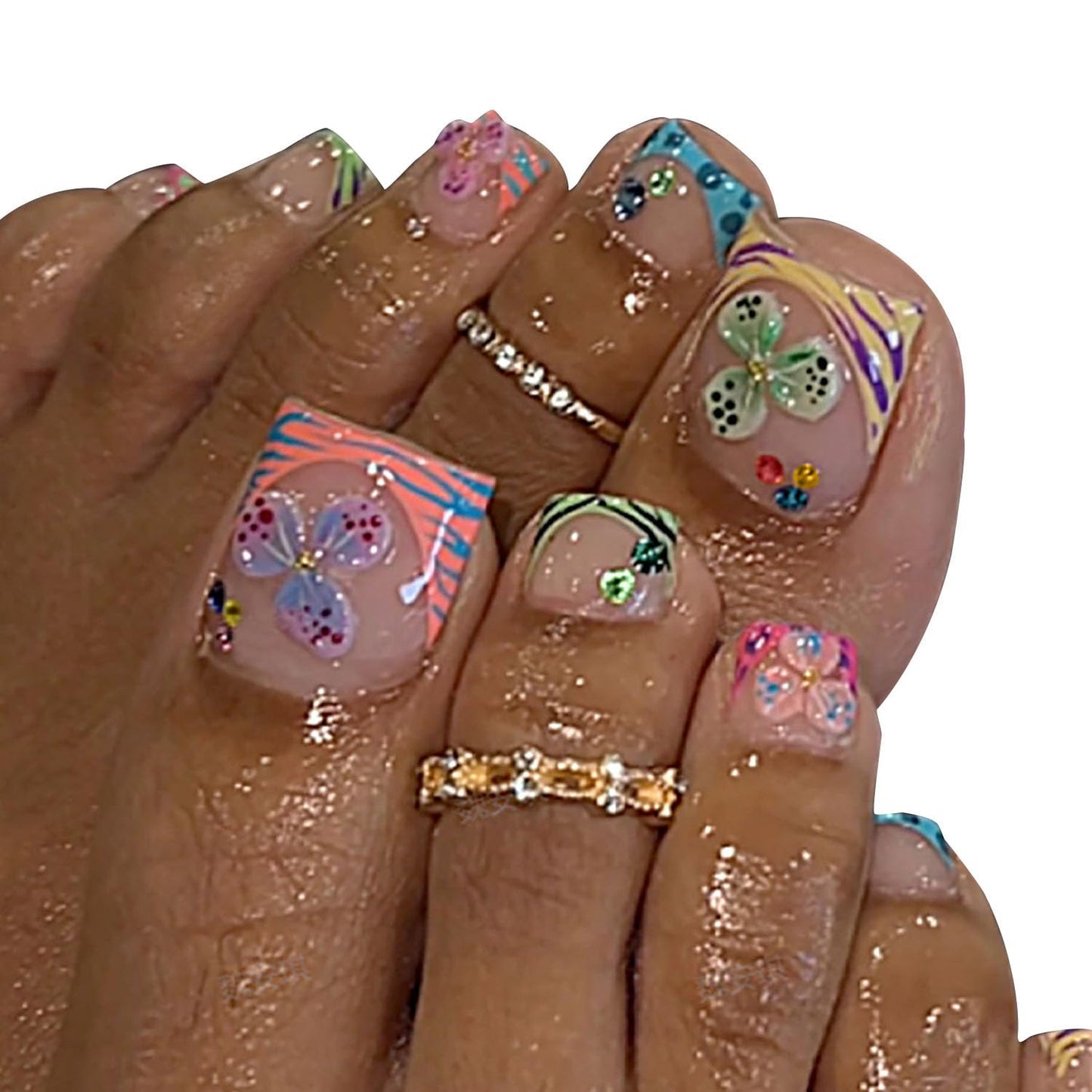 FIEONCIY Press on Toenails with Designs Acrylic Fake Nails for Toe Artificial False Nails with Charms Press on Toe Nails for Spring Summer Stick on Toenails for Women Girls(WSJ2545)