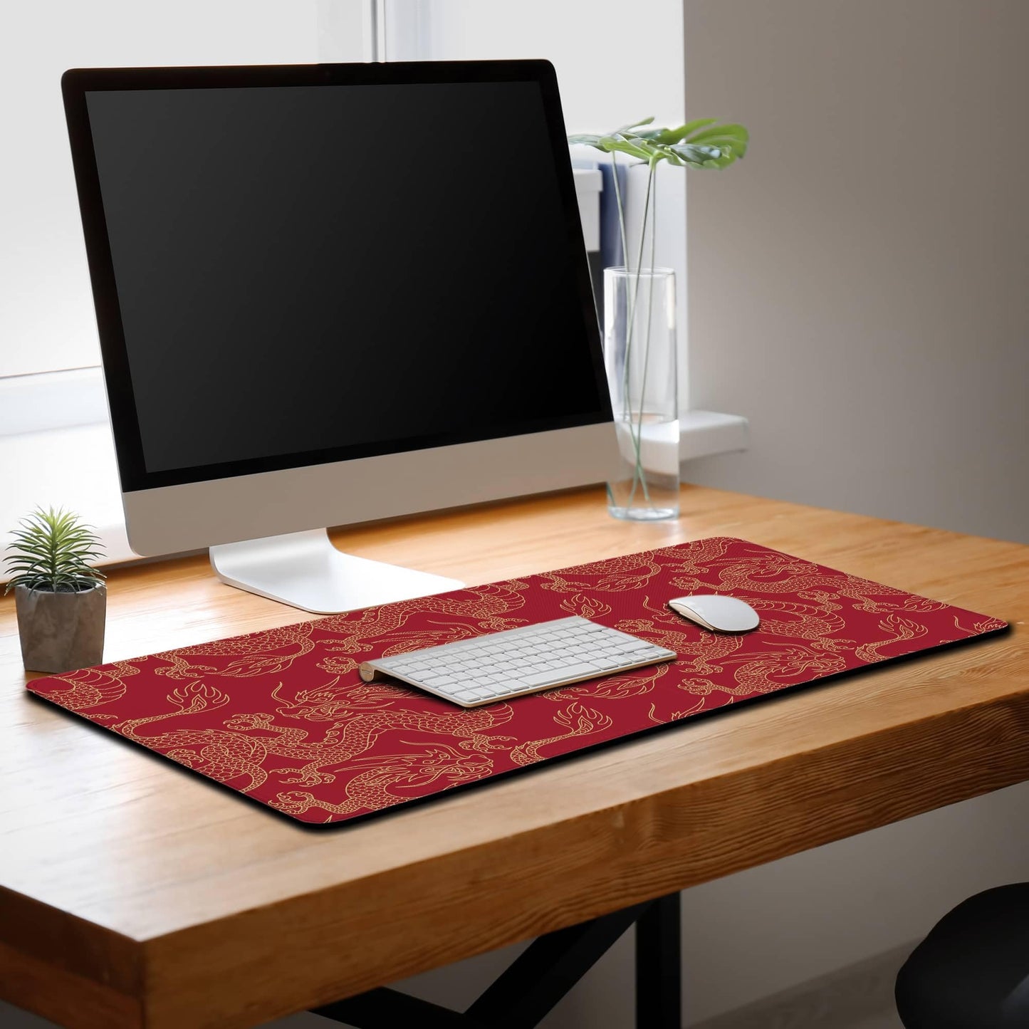 Samgula Keyboard Pad Red, Gaming Mousepad Desk Pad Big Mouse Pads Desk Decor for Men, 900X400 Mouse Pad Waterproof Non-Slip Rubber Base, 35.4 X 15.7 inch for Work/Game/Office/Home Chinese Dragon