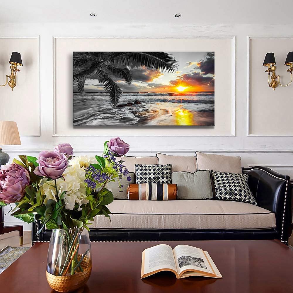 Yxbhhym-Large Canvas Ocean Wall Art Black White Gold Wall Art Beach Pictures for Walls Sunrise Seascape Scenery Print Palm Poster Wave Sea Artwork for Wall Art Living Room Office Wall Decor Bedroom