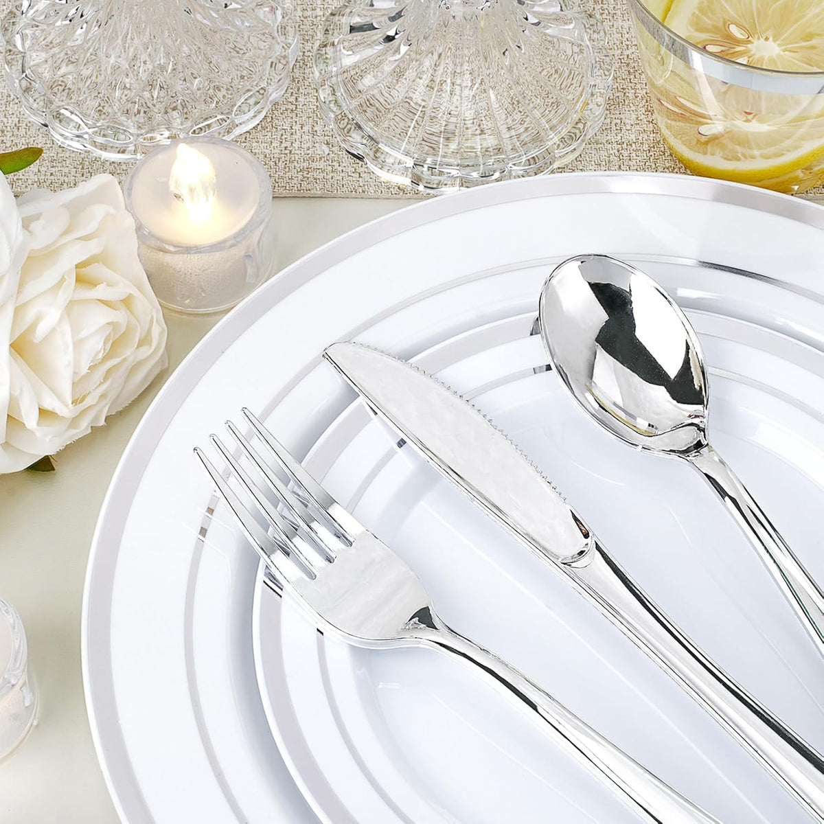 350 PCS White and Silver Plastic Dinnerware Set for 50 Guests, 100 Disposable Plates for Party, 50 Pre Rolled Napkins with Silver Silverware, 50 Cups
