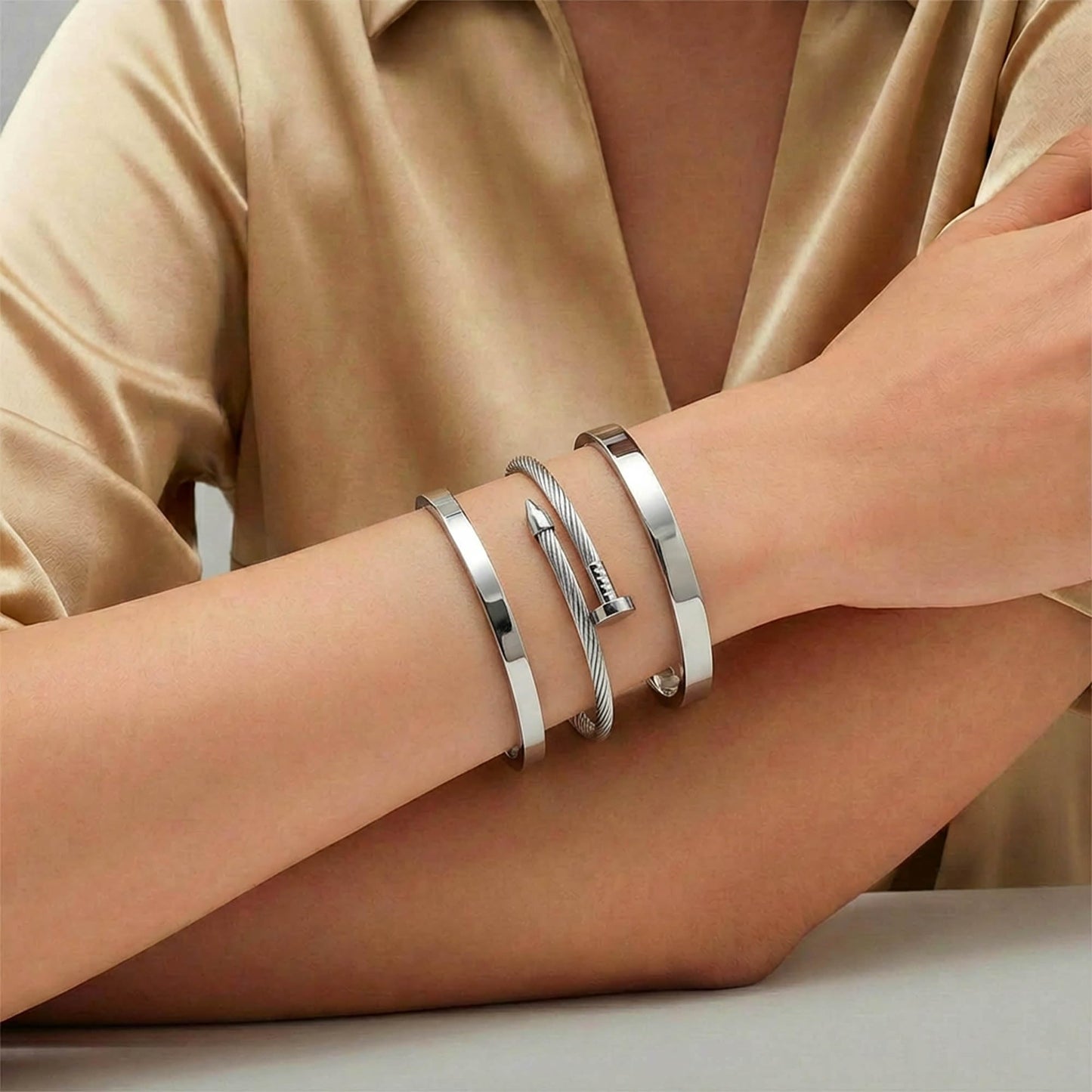 ISELBDR 18K Gold Bracelets for Women - Stackable Clover & Nail Love Bangle Set - Non-Tarnish Jewelry for Birthday Valentine's, Mother's Day & Christmas (Silver-A)