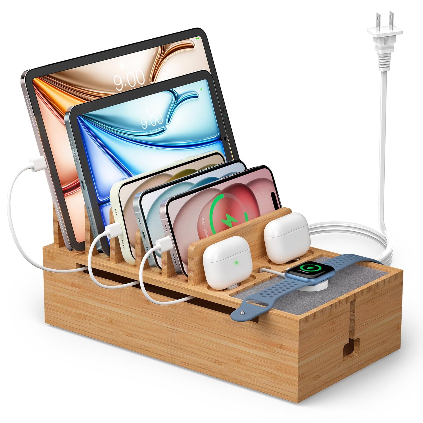 Pezin & Hulin Cell Phone Charging Station for Multi Devices, All in One Desktop Charger Organizer, with Power USB Charge Adapter and 6 Cables, Use As Power Strip Hidden Box -Natural Bamboo Color