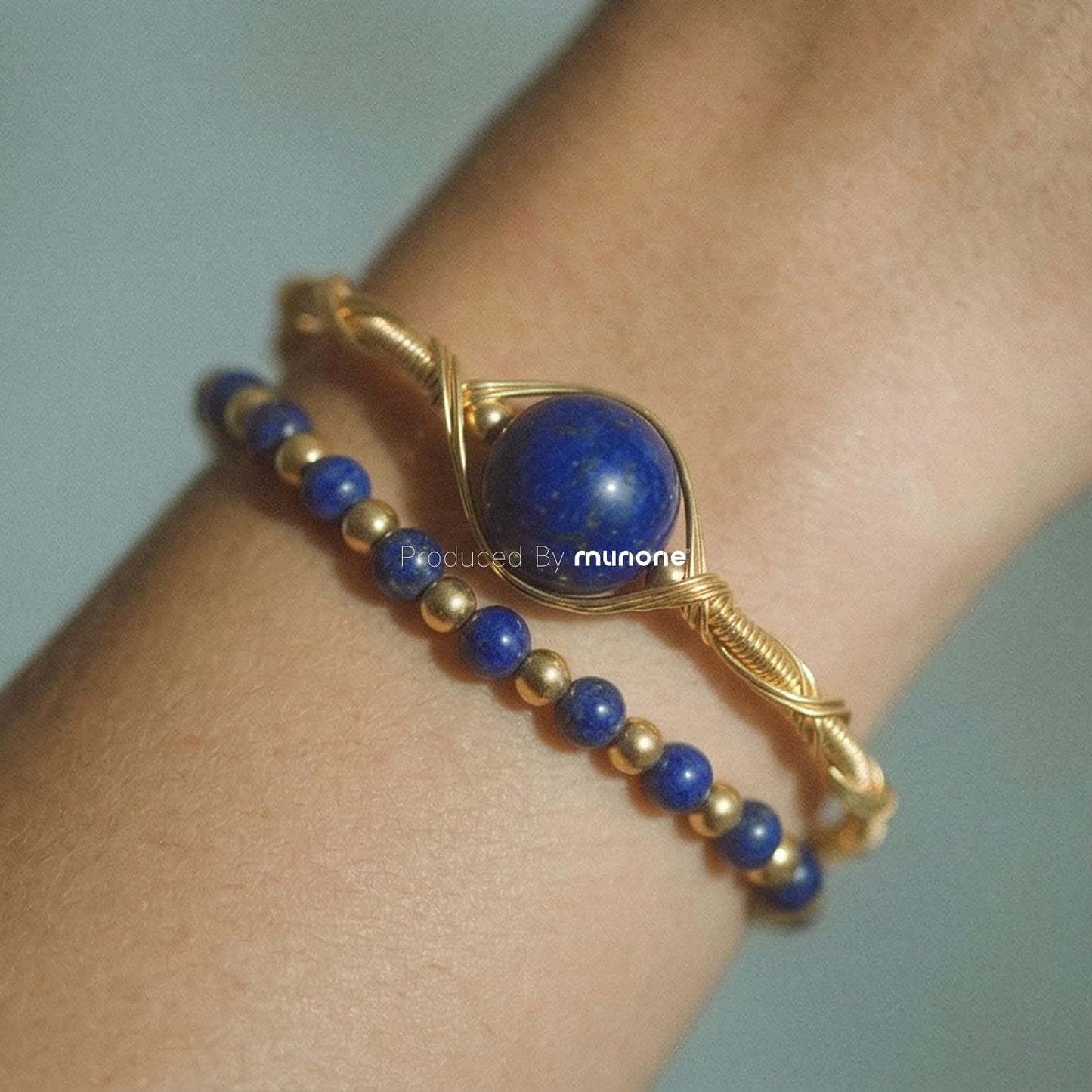 munone Lapis Lazuli Crystal Bangle Bracelet for Women,14K Gold Plated Adjustable Wire Wrapped Double Layer Cuff Bracelets,Healing Crystal Beads Gifts