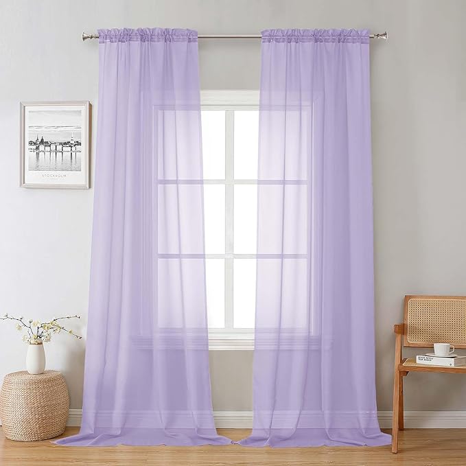 Lecloud Lavender Sheer Curtains 96 Inches Long 2 Panels Set, Light Filtering Solid Voile Drapes, Airy Privacy Window Decor Curtains with Rod Pocket for Living Room Girl's Bedroom, Each 42" W x 96" L