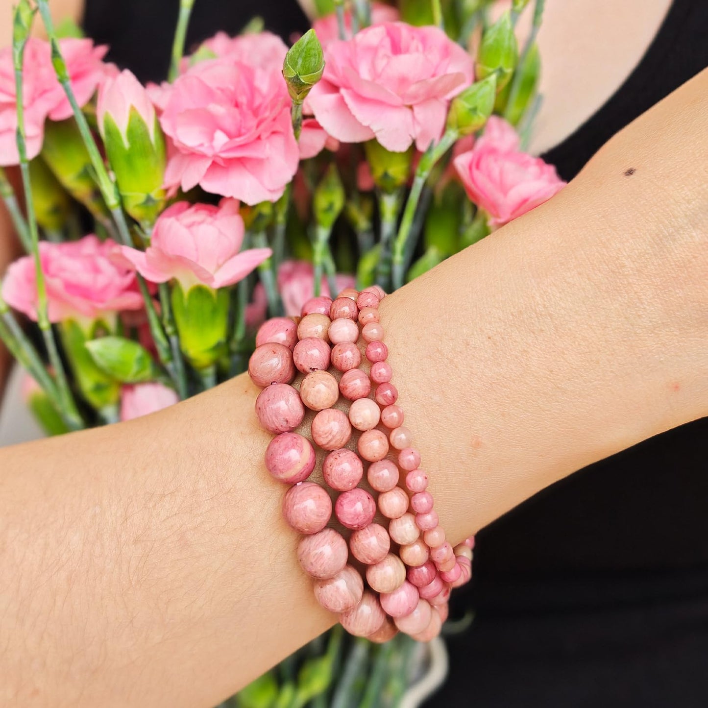 Handmade Natural Gemstone Elastic Bracelet - Healing Crystal Beads Jewelry, Unisex (Rhodochrosite, 8mm)