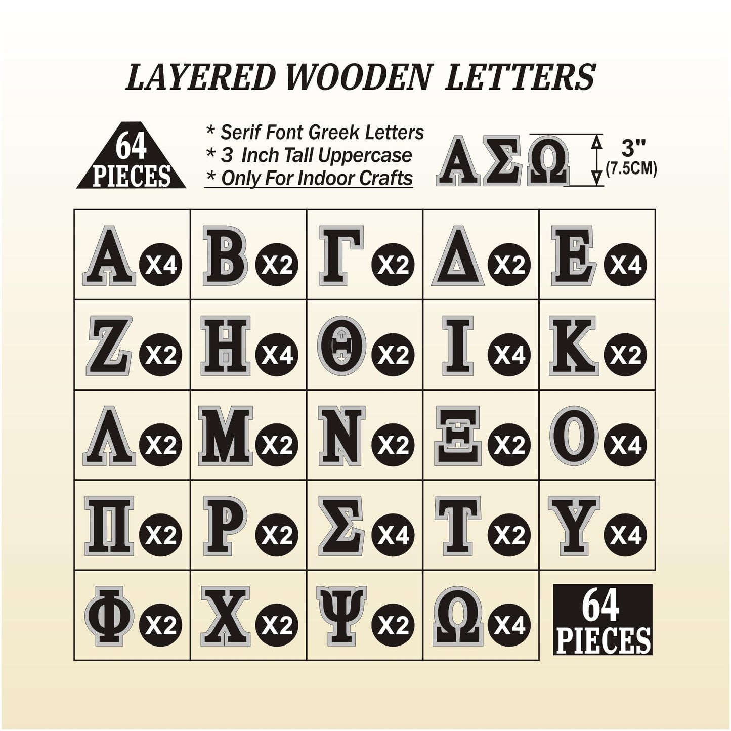 3 Inch 64 Pieces Unfinished Wooden Greek Letters Double-Layered Blank Wood Greek Alphabets for Paddles Crafts/Sorority/Fraternity/DIY Project/Learning/Wall Decor