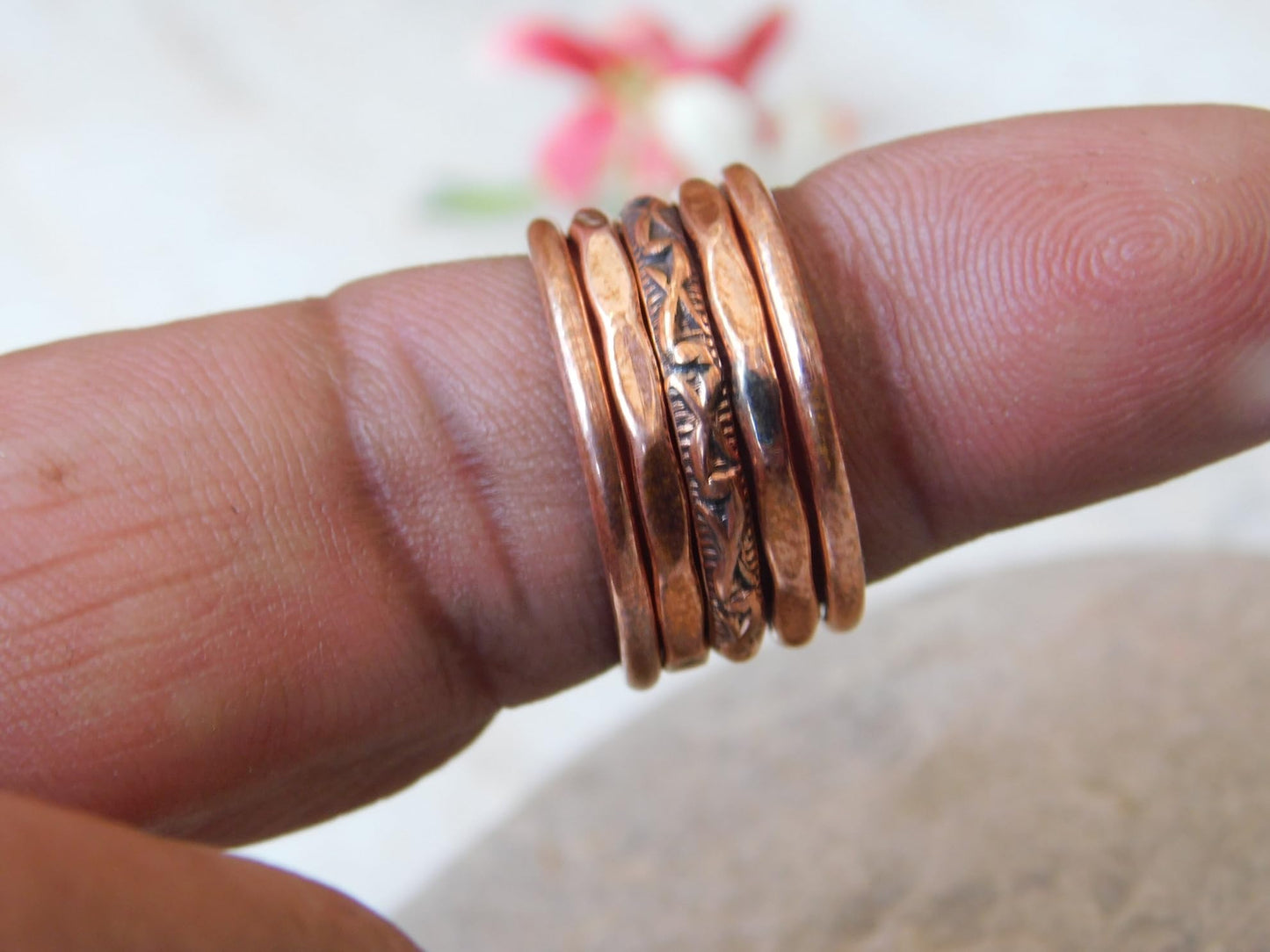 Set of 5 Hand Pure Copper Rings. Made with 100% Pure Raw Untreated Copper. Helps Reduce Finger Joint Pain and Swelling. Tibetan Healing Medicine Ring Set. (US-6.5)
