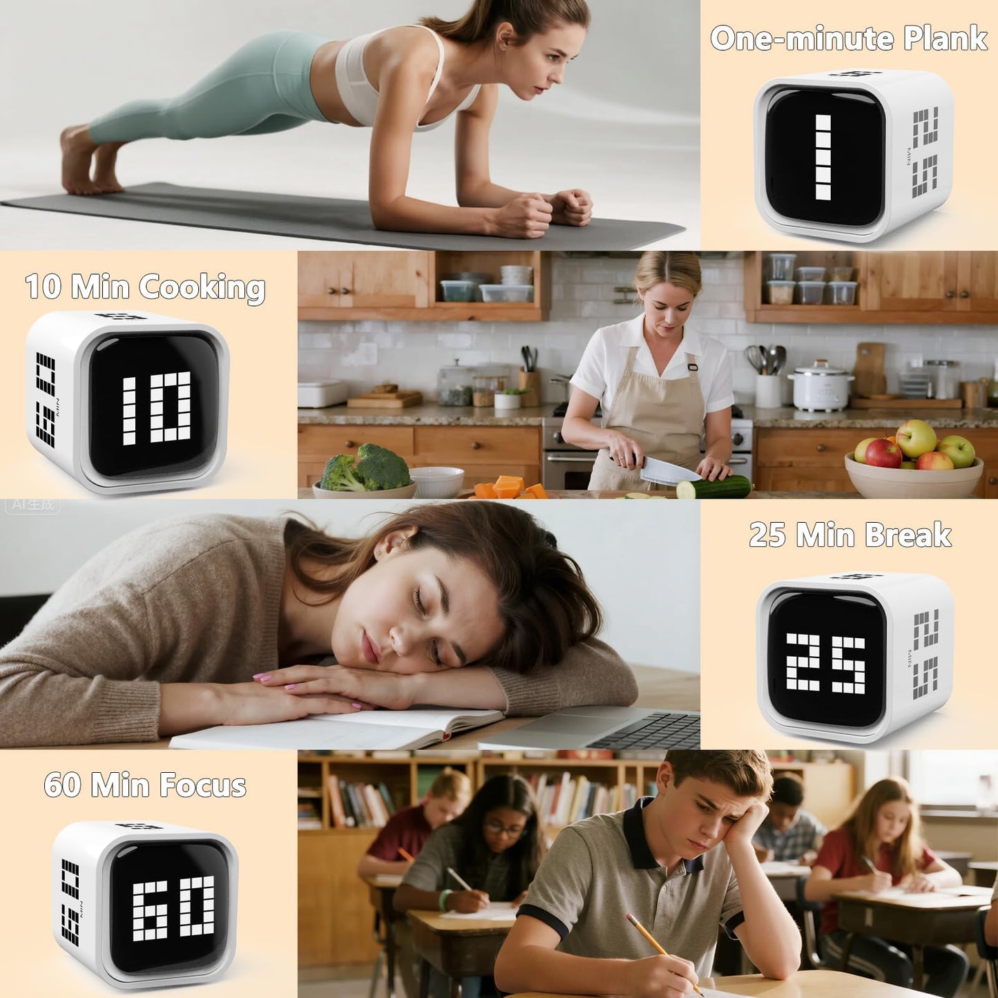 Rotating Focus Timer, 5/25/10/50-Minute Pomodoro Timer, Desk Flip Countdown with Vibration & Volume Control, ADHD-Friendly Tool for Office, Study, and Kitchen (Black)