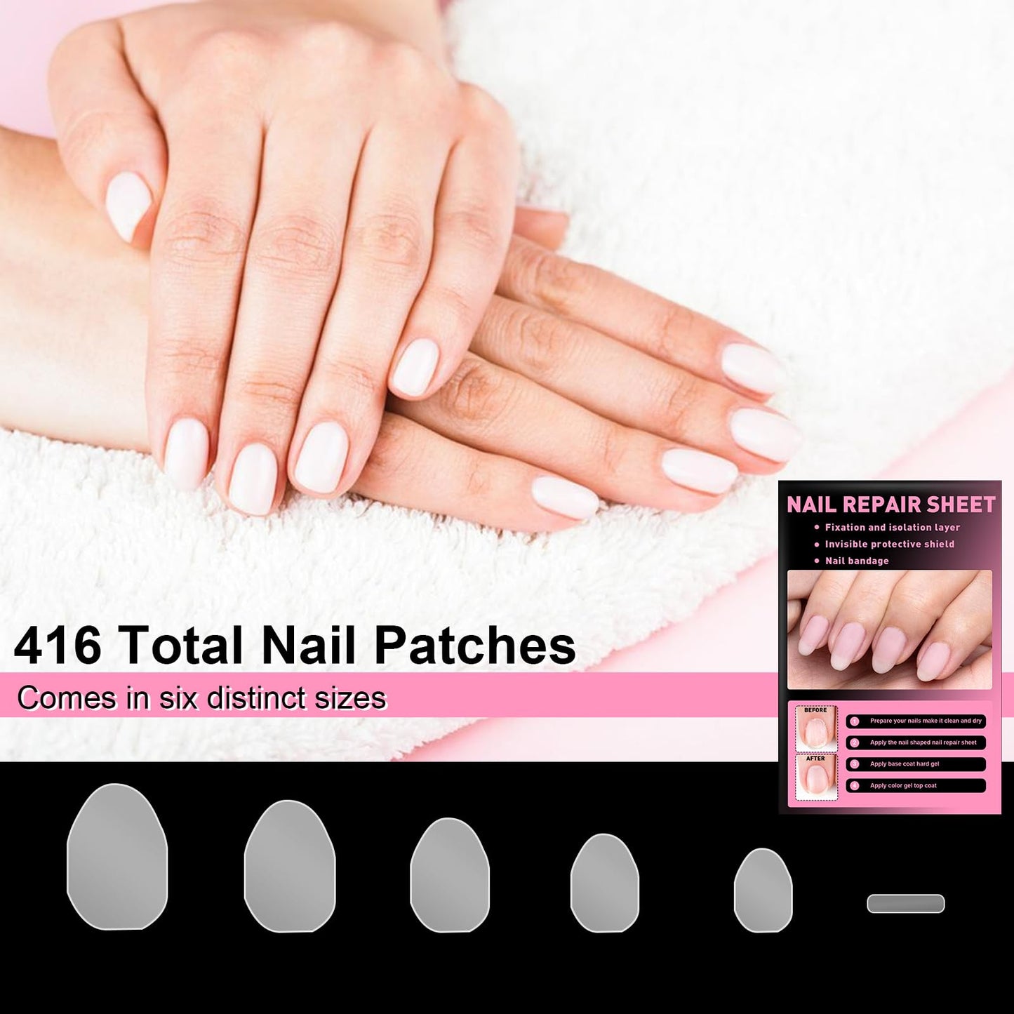Nail Repair Patches for Damaged Nails - 6 Sizes Clear Nail Shaped Repair Sheets, Fixation & Isolation Layer, Protective Layer for Acrylic, Invisible Instant and Easy to Use 26 Pcs (590 units)