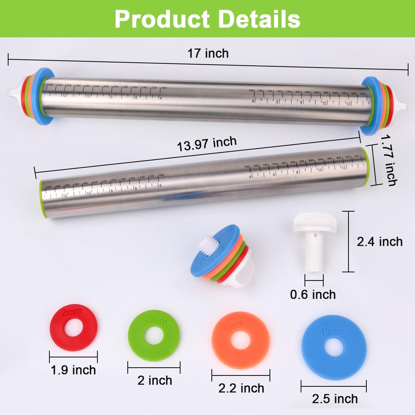 Rolling Pin with Thickness Rings and Silicone Baking Mat, Adjustable Stainless Steel Rolling Pins for Pasta or Sugar Decorating Cookies, Bread Making Tools Fondant Roller for Dough, Dumpling, Ravioli