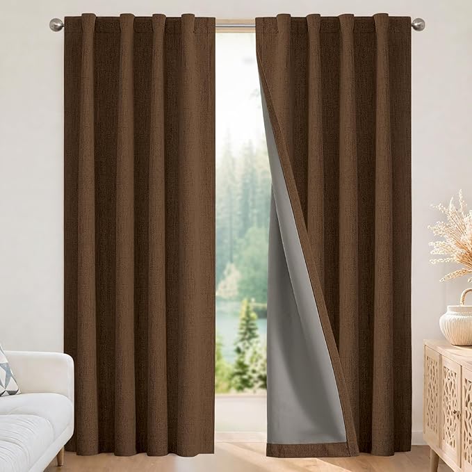 Joydeco Blackout Curtains for Bedroom - 100% Light Blocking 2 Panels Cappuccino Drapes 42" W x 90" L, Thermal Insulated Room Darkening Curtains, Linen Textured for Living Room, Rod Pocket & Back Tabs