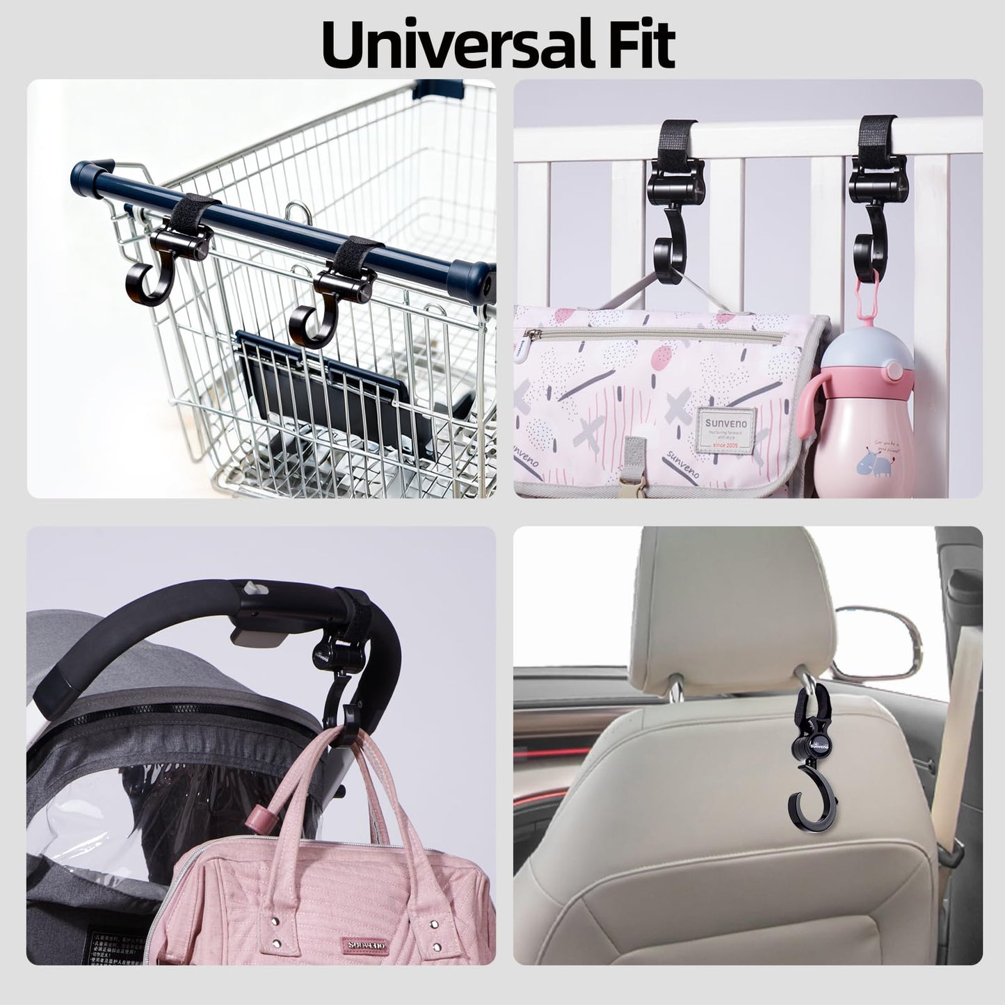 SUNVENO Stroller Hooks for Diaper Bag 4 Pack, Baby Travel Essential Heavy Duty 360° Rotating Clips, Universal Stroller Accessories for Wagons, Strollers, Carts and Bikes, Holds 10 lbs Each