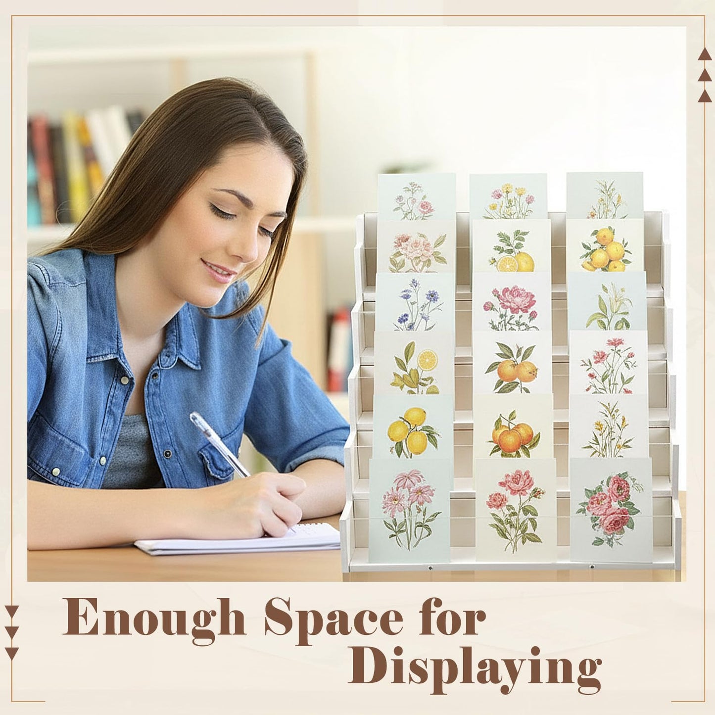 Yuntau 5 Tier Greeting Card Display Stand White Bamboo and Acrylic Sticker Display Stand Trading Card Holder Retail Photos Shelf for Vendors Craft Collection & Show