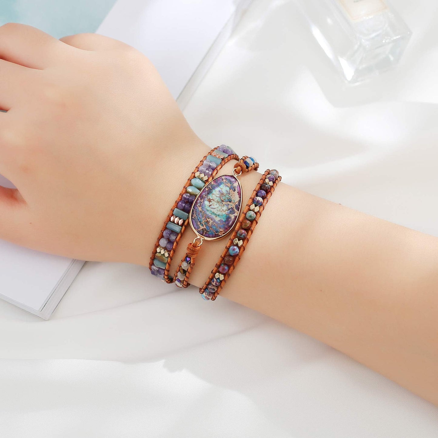 Plumiss Boho Handmade Blue Purple Imperial Jasper Stone Crystal Hematite Mixed Bead 3 Wraps Bracelets
