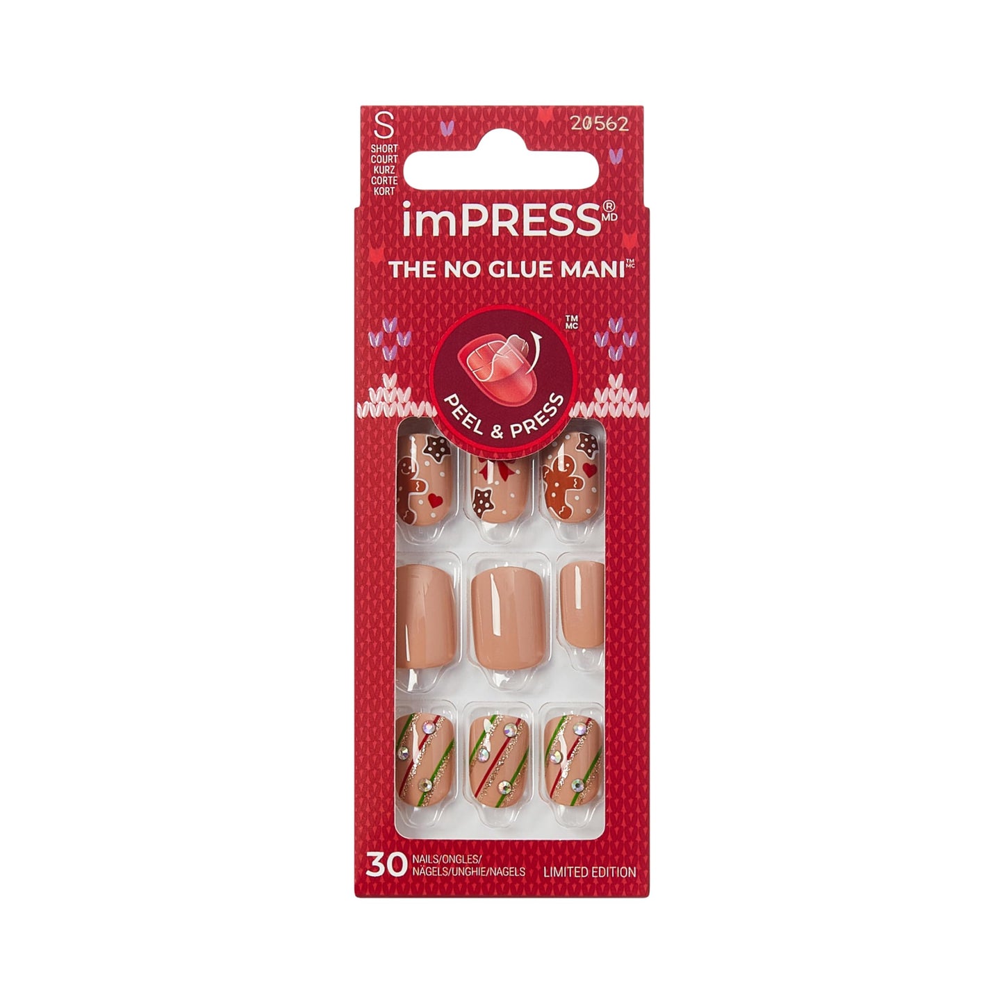 KISS imPRESS Holiday Press On Nails, ‘Mistletoe Kiss’, Brown, Short Squoval, Improved Super Hold Adhesive, 30 Fake Nails, Prep Pad, Mini Nail File, & Manicure Stick