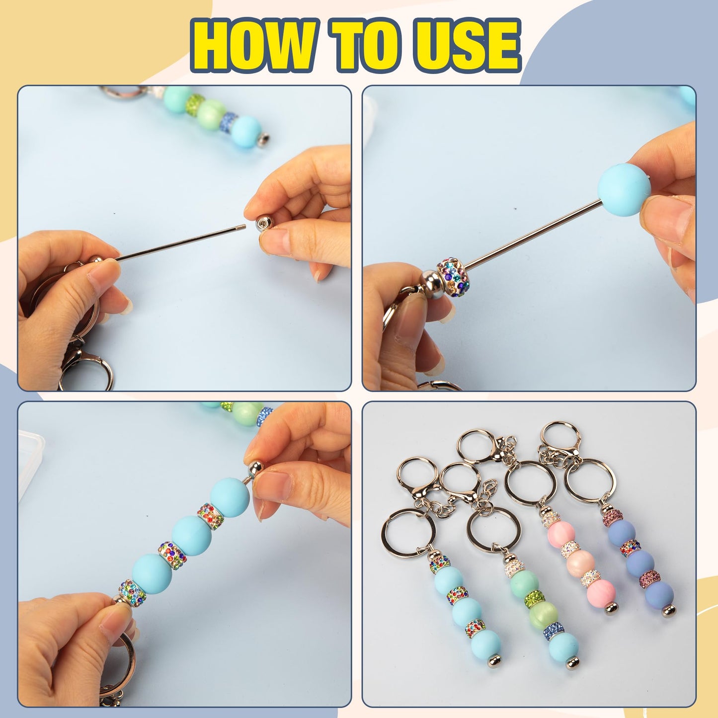 Qoroos 96pcs Beadable Keychains Set Bulk for Keychain Making Kit with Beadable Keychain Bar Silicone Beads Spacer Beads DIY Gifts for Women Men Crafts