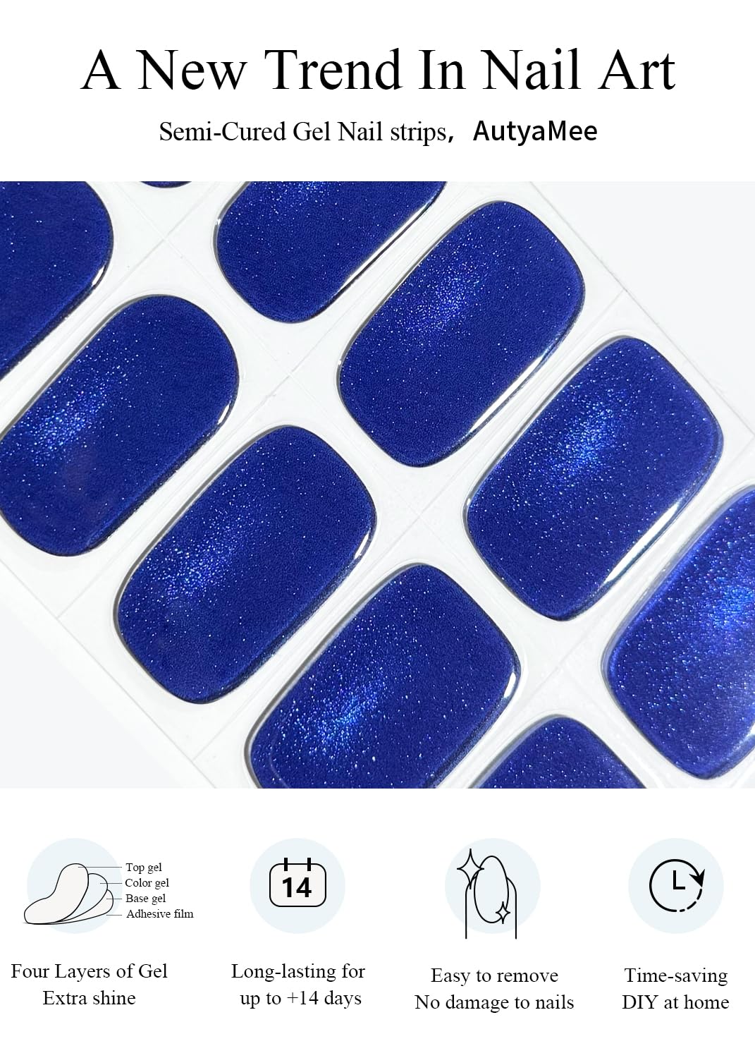 AutyaMee Semi Cured Gel Nail Strips (Blue Cat Eye N1), 20 Pcs Gel Nail Wraps, Stickers, Salon Quality, Works with Any UV Lamps