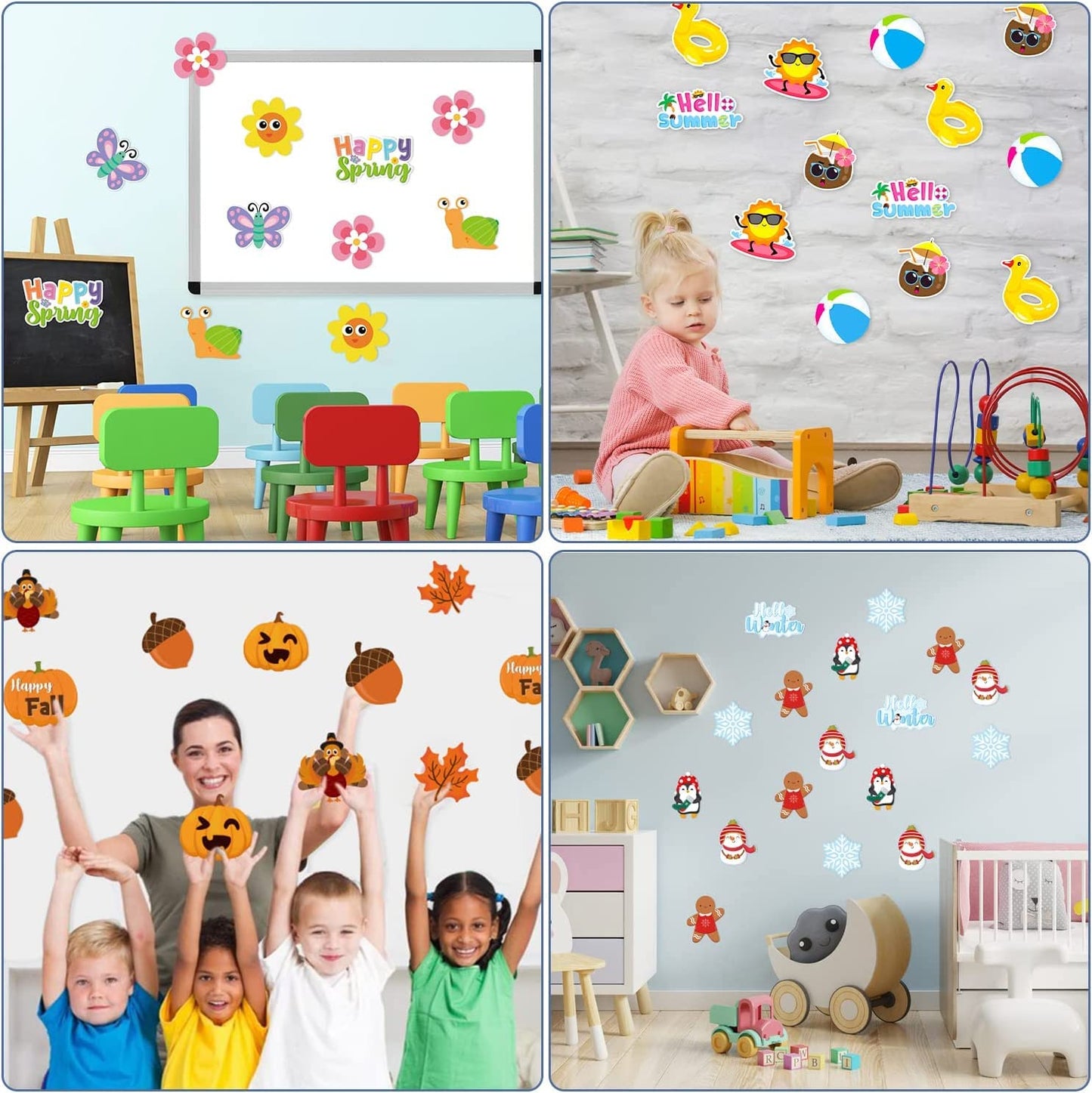 Haooryx Spring Summer Fall Winter Classroom Cutouts Bulletin Board Set - 120Pcs Seasonal Classroom Decoration Paper Cut-Outs Blackboard Border Trim for School Classroom Whiteboard Window Wall Decor