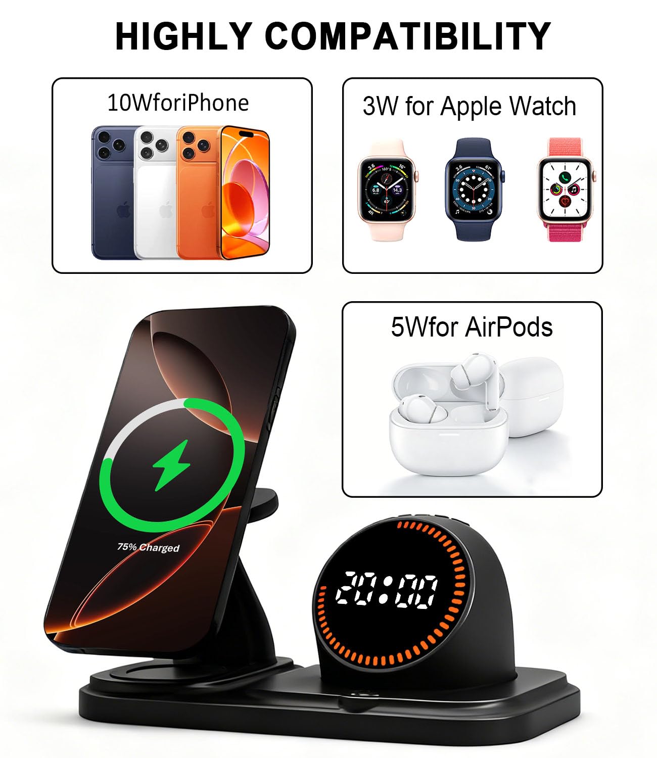 Wireless Charging Station with Clock,6-in-1 Charging Stand for Multiple Devices for iPhone 17 16 15 14 13 12 Pro Max, Apple Watch, Airpods, Bluetooth Speaker + RGB Light