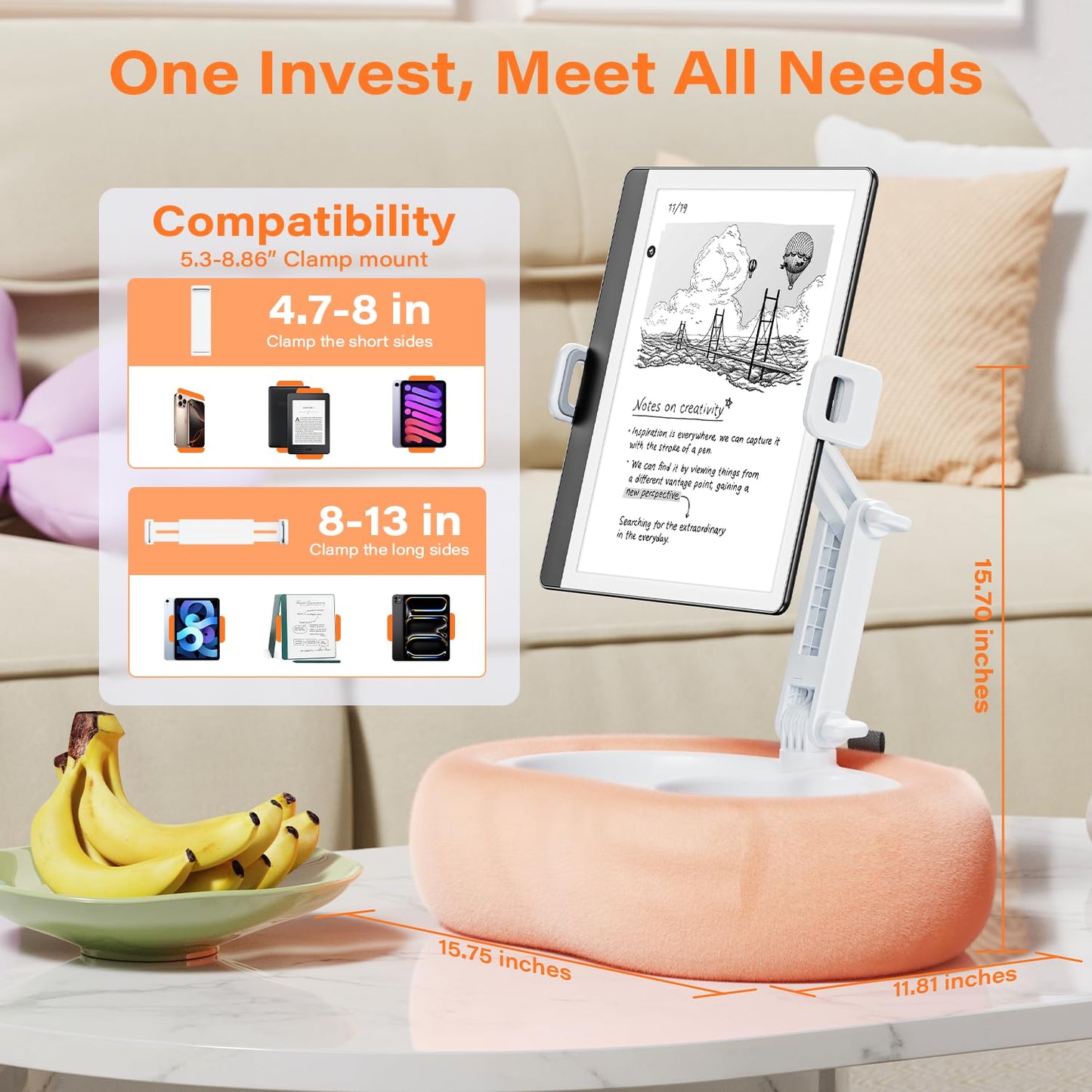 Atisek Kindle Tablet Pillow Stand with Detachable Trays Fit iPad Tablet Stand Holder for Bed Fit 4''-13'' Phone/Kindle with Case Reading Accessories Gift Soft Plus Fabric, Pink