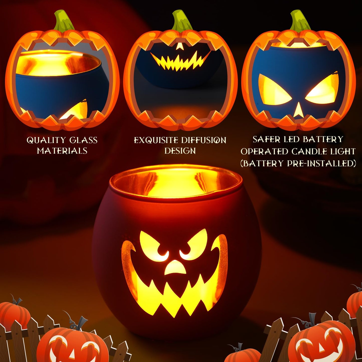 VIHOSE 6 Set Halloween Candle Holders Grimace Glass Votive Holder Tea Light with LED Battery Operated Candles Halloween Table Decorations for Home Table Centerpiece Decor Gifts