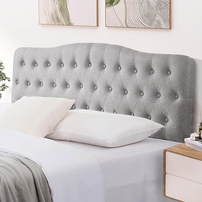 Upholstered Queen Headboard, Button Diamond Tufted Headboard with Adjustable Height and Solid Wood Leg, Linen Fabric Padded Headboards for Queen Size Bed, Mordern Head Board, Grey