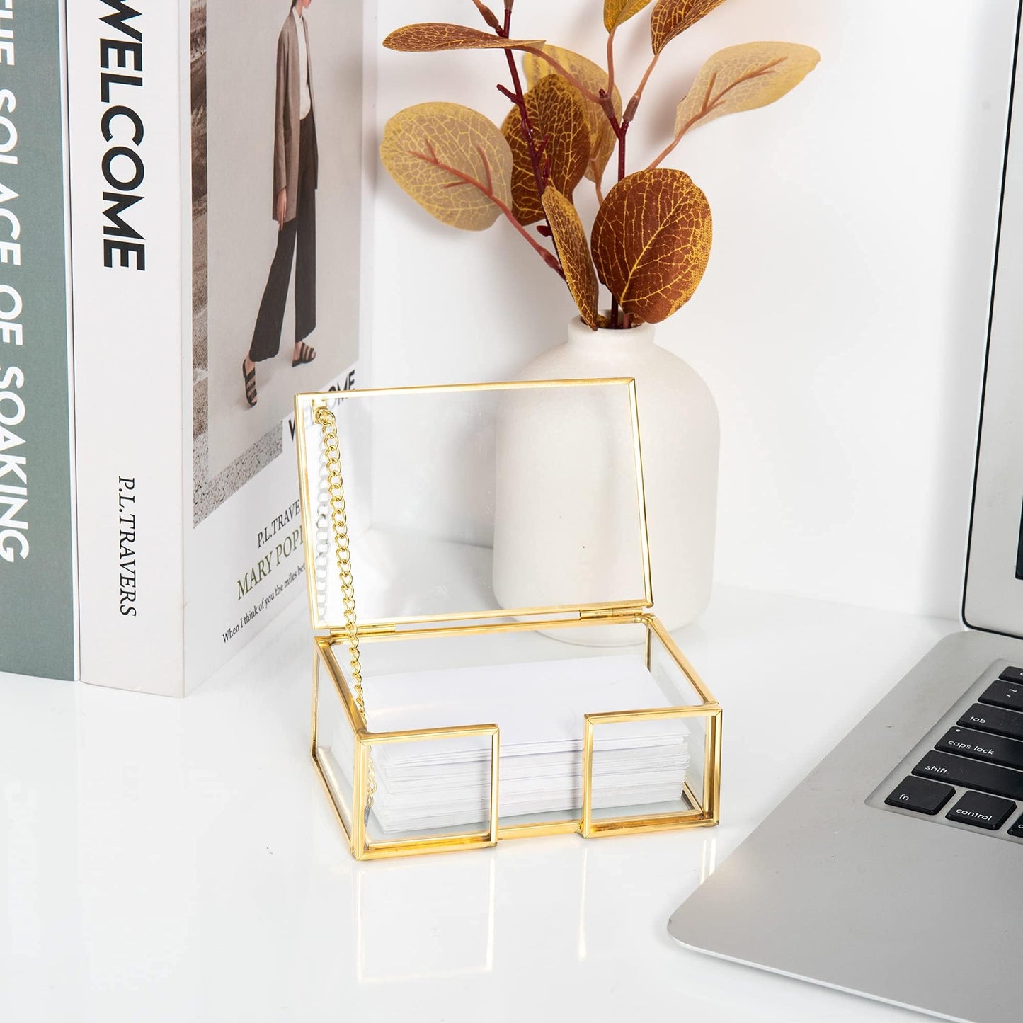 Feyarl Clear Gold Glass Business Card Box with Lid Name Card Display Organizer Container Collection Storage for Office Desktop CounterTop Meeting