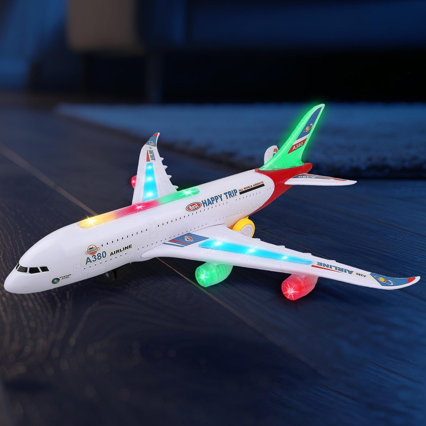 AtomDream Tech Bump and Go Airplane Toy with 4D Lights & Sounds, Realistic Moving Plane with Automatic Direction Change, Interactive Aircraft Toy for Boys & Girls Ages 3–12, (Red)