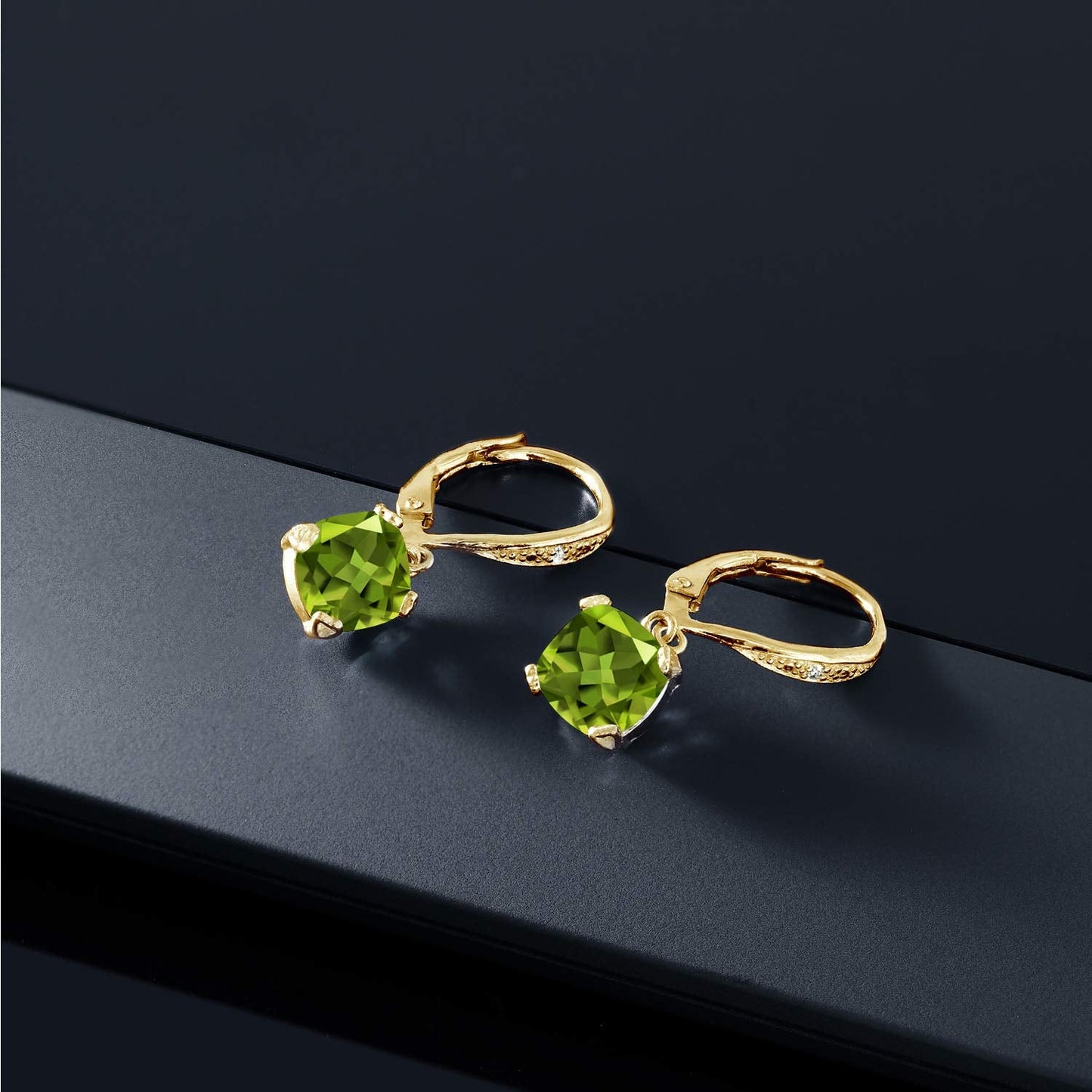 Gem Stone King Drop Dangle Earrings For Women | 7MM Cushion Cut Gemstone Birthstone and Diamond | 925 Sterling Silver | Jewelry Gift for Mom Wife Her | Peridot-August | Yellow Gold