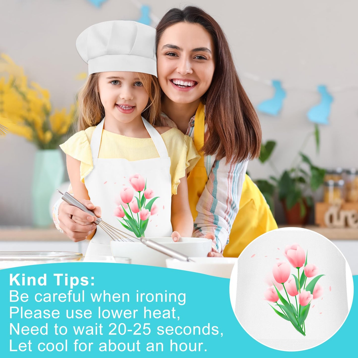 Bouiexye 5 Set Kids Apron and Chef Hat Set Children Apron Adjustable with 2 Pockets Children Chef Painting for Cooking Baking Painting Crafts Making (White
