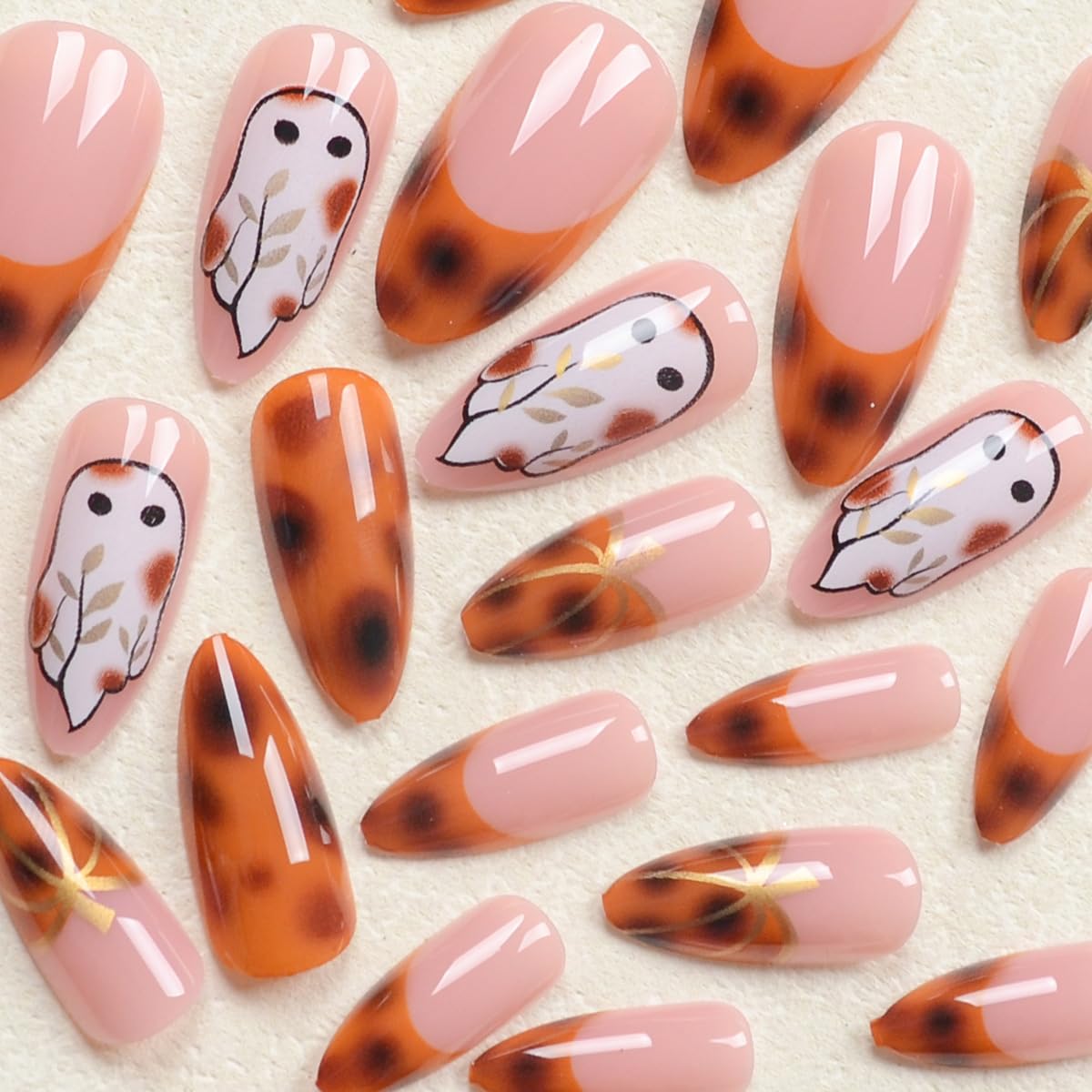 24 Pcs Halloween Press on Nails Almond Medium Ghost Fake Nails with Leopard Pumpkin Designs French Tip False Nsils Glue on Nail Brown Glossy Cute Halloween Artificial Nails for Women Manicure Tips