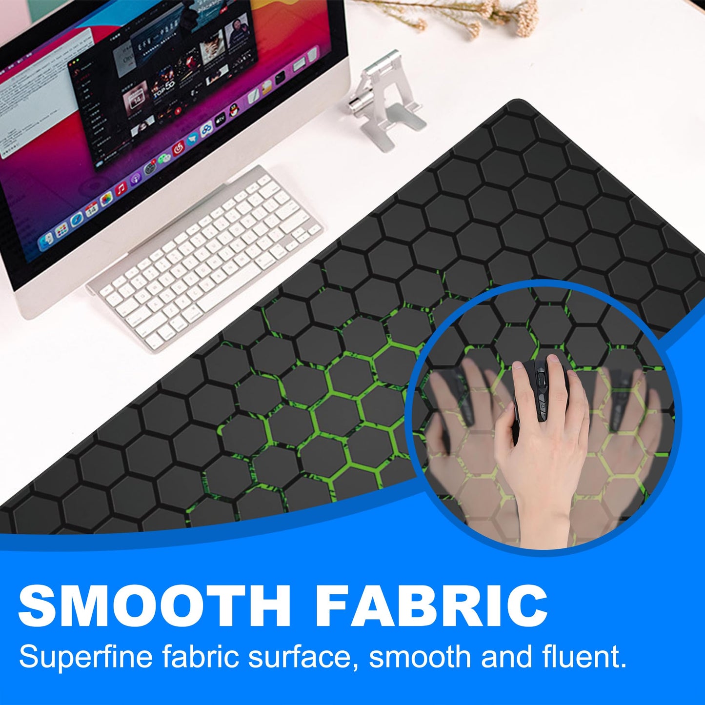 Desk Pad, Green Honeycomb Science Technology Extended Gaming Mouse Pad Large, 35.4"x15.7" Big Mouse Pad with Non-Slip Base and Stitched Edge, Long Computer Keyboard Mouse Mat for Home Office Work