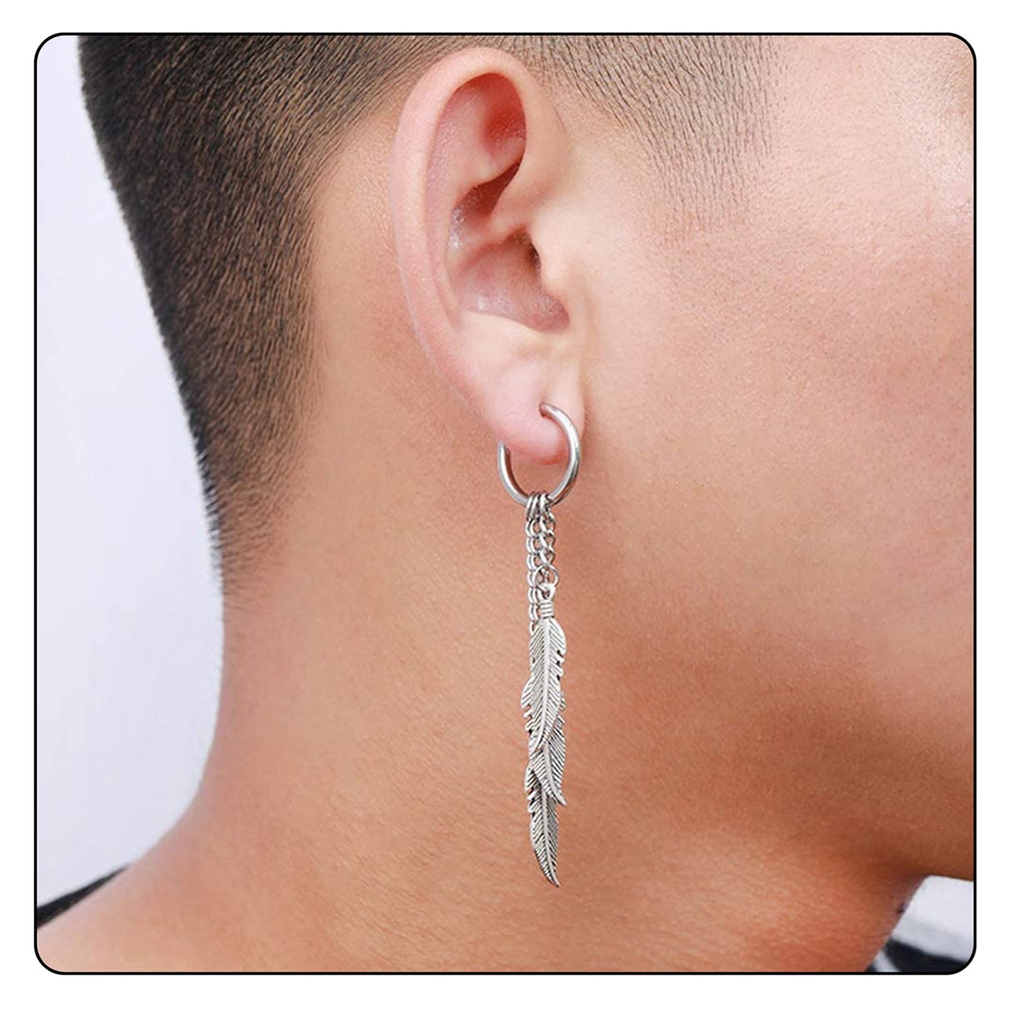 Fusamk Punk Rock Stainless Steel Feather Drop Dangle Earrings Huggie Hinged Hoop Earrings,2PCS