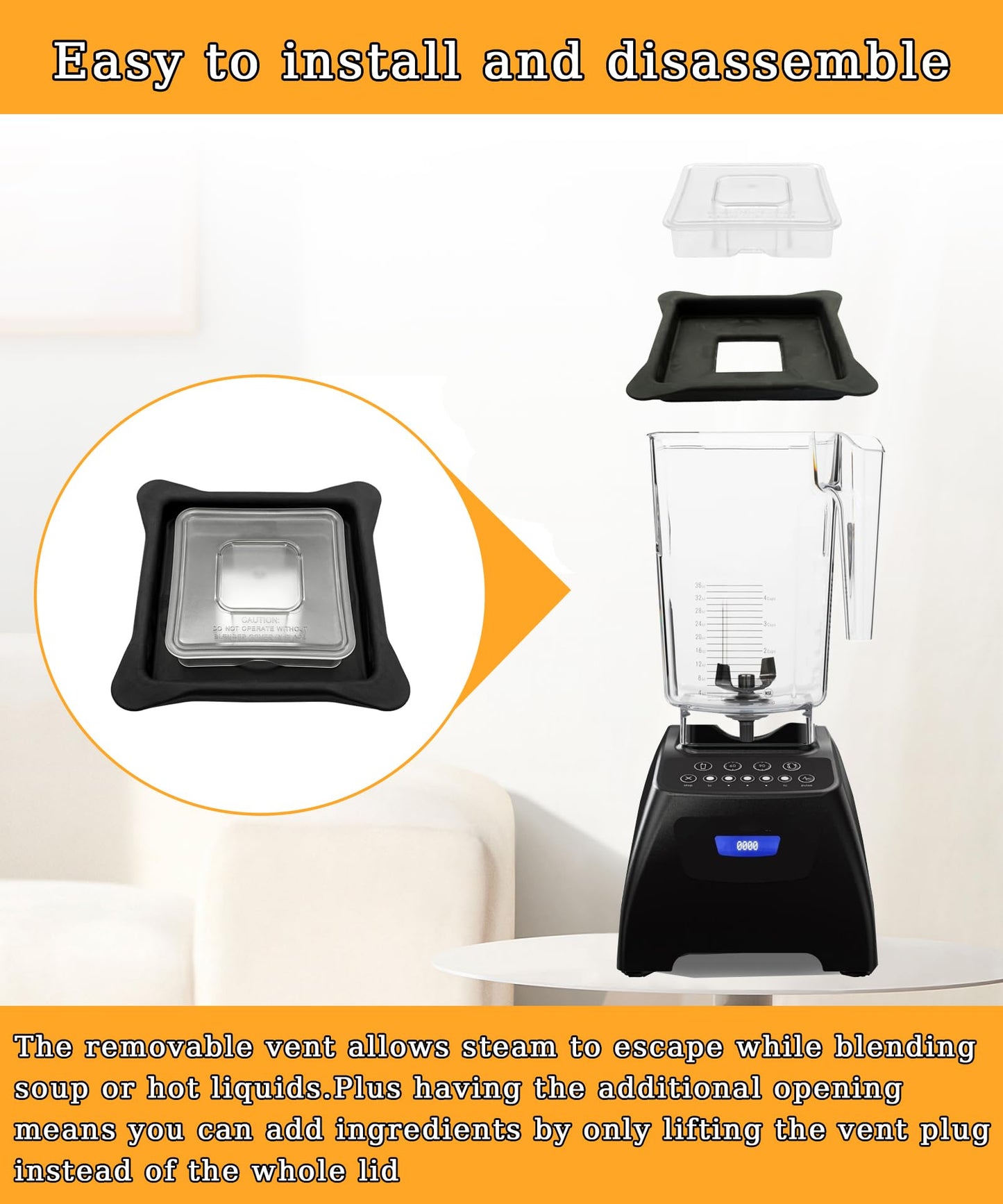 Blender Lid Replacement Fits For Blendtec Commercial Blender,Vented Gripper Lid Compatible with WildSide+ and FourSide jars,Blender Lids Top with Square Clear Plug