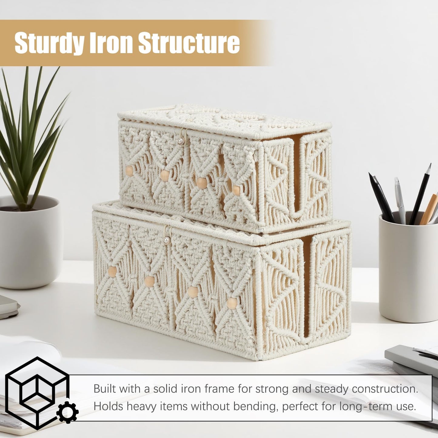 VinneGenzz 2PCS Cable Management Boxes Handmade Macrame Cord Storage Organizer Power Strips Outlet Router TV Wire Hider Cover Under Desk Natural Cotton Rope Woven Box with Lid (1 Large 1 Medium)