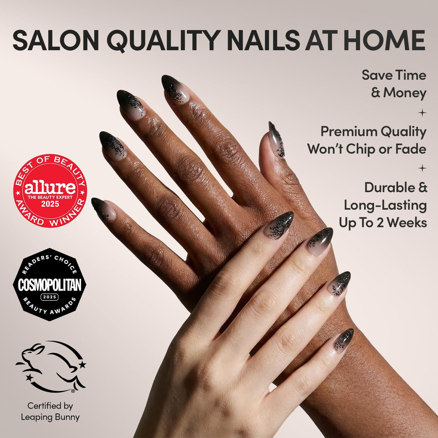 Glamnetic Press On Nails - 'Til Death | Ombre 3D Lace Medium Almond Fake Nails with Glossy Finish, Salon Quality Halloween Nails | 15 Sizes - 30 Nail Kit with Glue